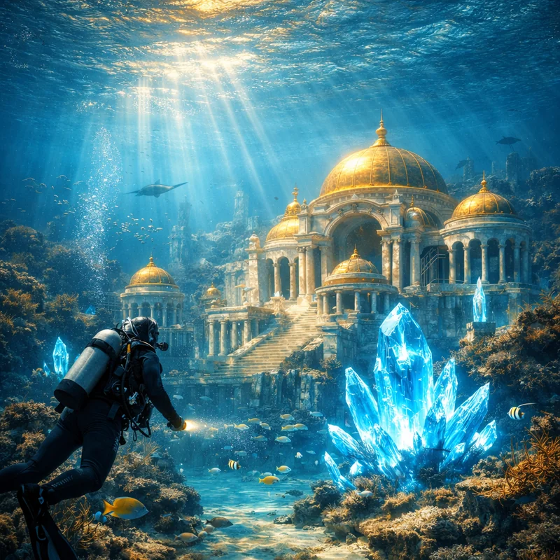 Underwater view of ancient Atlantean city with white marble temples and golden domes, crystalline clear turquoise water, shafts of sunlight penetrating depths, diver in foreground observing ornate architecture with glowing blue energy crystals