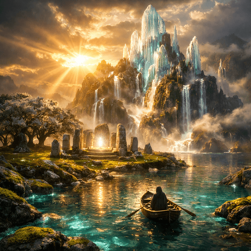 Mystical Isle of Avalon at golden hour with luminous crystal cliffs rising from turquoise healing waters, ancient Celtic stone circles glowing with soft ethereal light, cascading waterfalls flowing upward defying gravity, mist swirling around crystalline formations