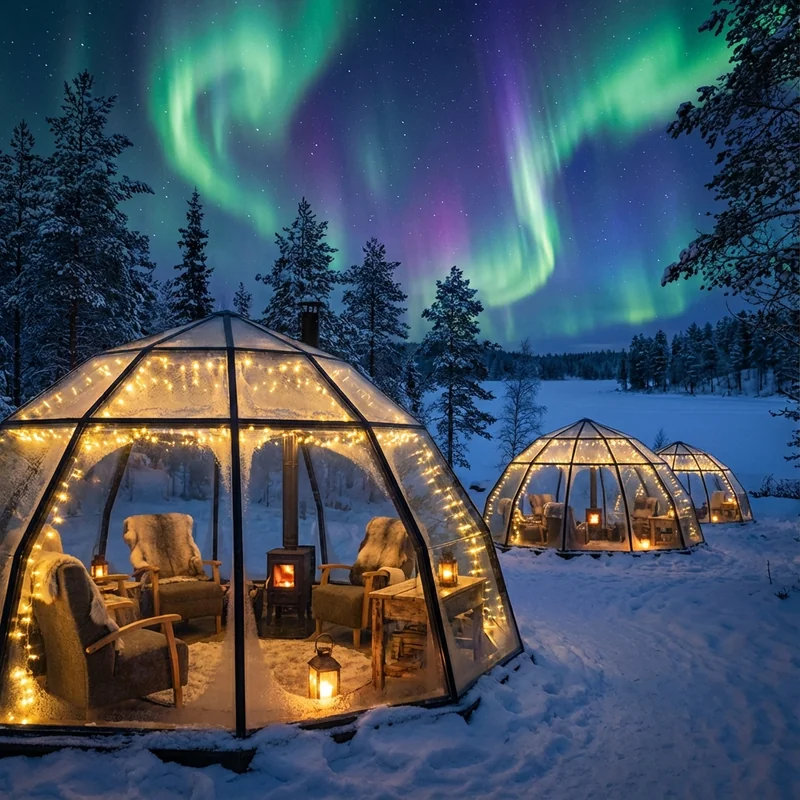Glass igloo dome glowing warmly on frozen Arctic landscape at night, magnificent aurora borealis dancing across star-filled sky in ribbons of green and purple light, snow-covered wilderness stretching to distant mountains, interior visible through transparent thermal glass showing luxury bed facing the heavens