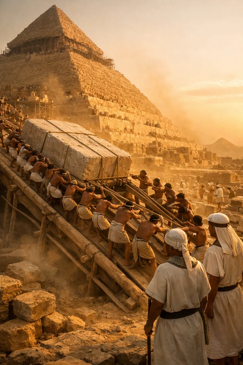 Ancient Egyptian workers hauling massive limestone blocks up wooden ramps at the Great Pyramid of Giza under construction, golden hour sunlight, dust particles in air, overseers in white linen watching