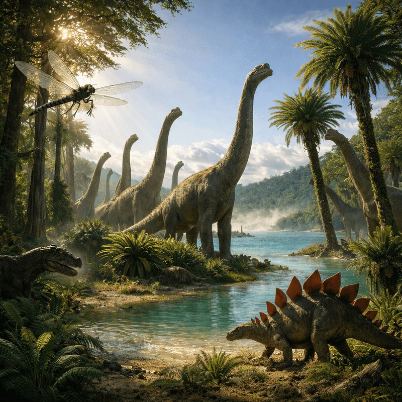 Jurassic period landscape 150 million years ago, massive Brachiosaur herd with necks stretching skyward feeding on towering cycad trees and giant ferns, lush primordial floodplain with vegetation cathedral-tall, Sundance Sea turquoise waters in background