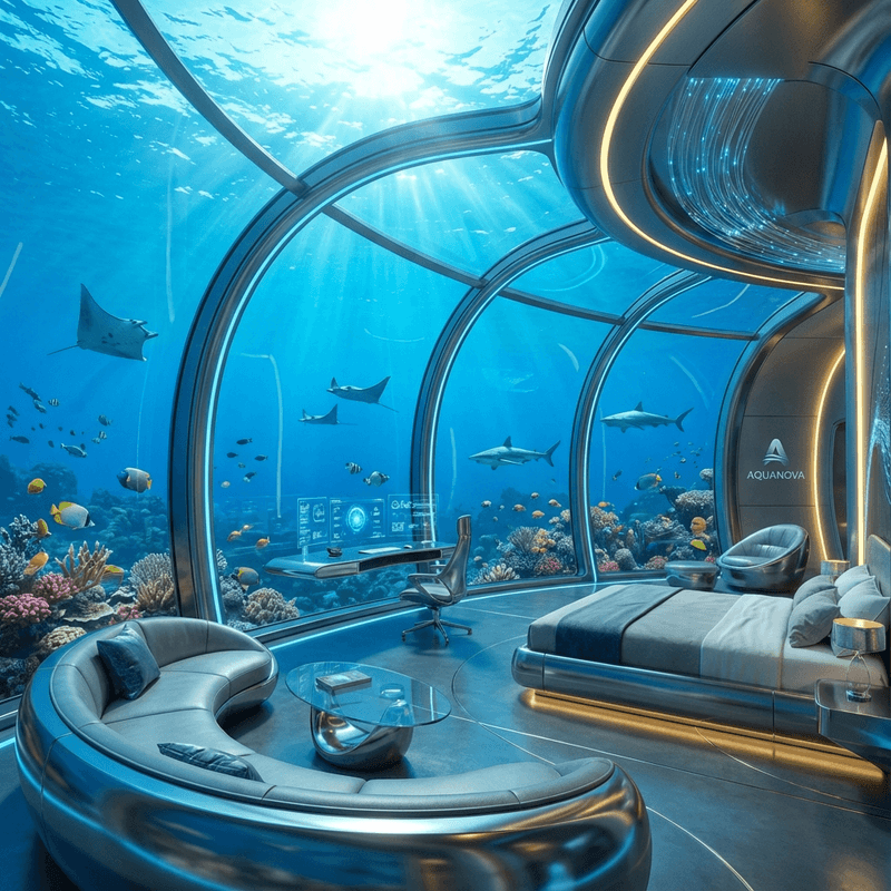 Luxurious underwater palace suite at 20 meters depth with transparent dome walls, vibrant coral reef surrounding the structure glowing with bioluminescence, schools of tropical fish swimming past floor-to-ceiling windows, manta ray gliding gracefully overhead
