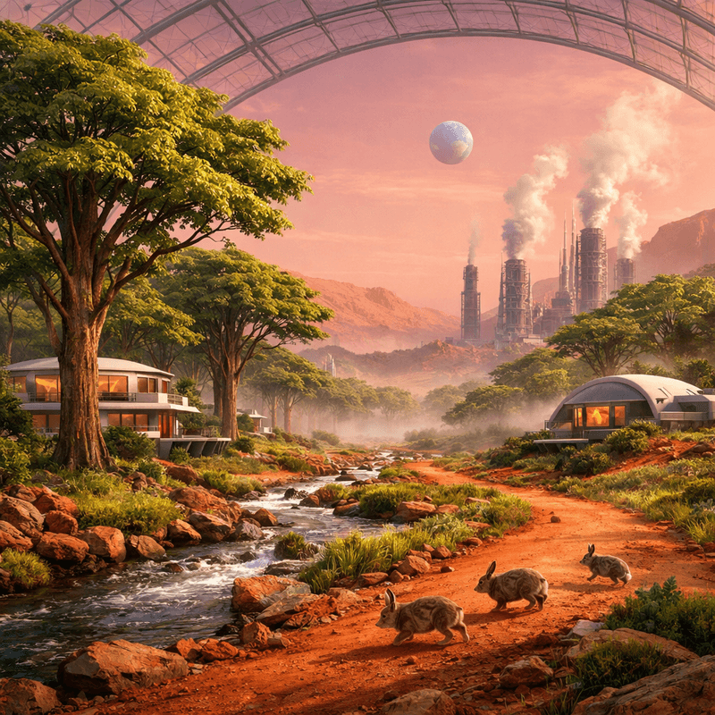Eden Dome forest on Mars with engineered trees adapted for Martian conditions, transparent pressurized dome revealing salmon-pink Martian sky, broad-leafed trees catching weak sunlight, red Martian dust paths winding through green vegetation