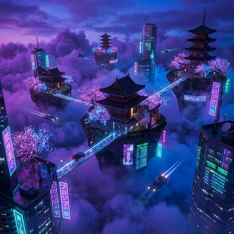 Floating gardens suspended in clouds above futuristic Kyoto cityscape, cherry blossoms drifting upward in anti-gravity currents, translucent platforms connected by bridges of pure light, traditional Japanese architecture blended with impossible future technology
