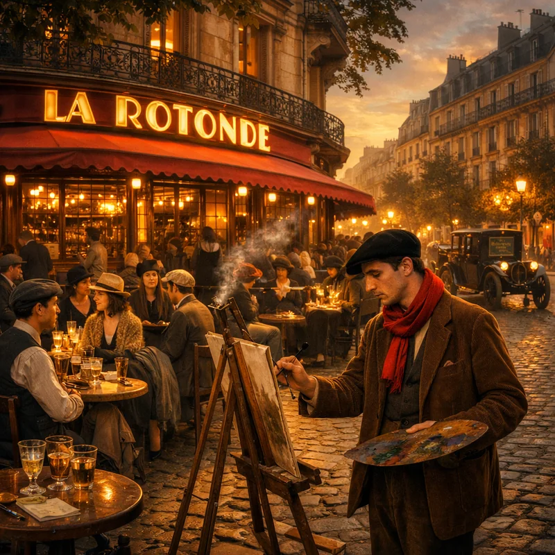 Montparnasse district Paris 1920, cobblestone street at golden hour with warm amber light, La Rotonde café terrace filled with artists and intellectuals in period clothing, Amedeo Modigliani in characteristic corduroy suit and red scarf painting at easel on sidewalk