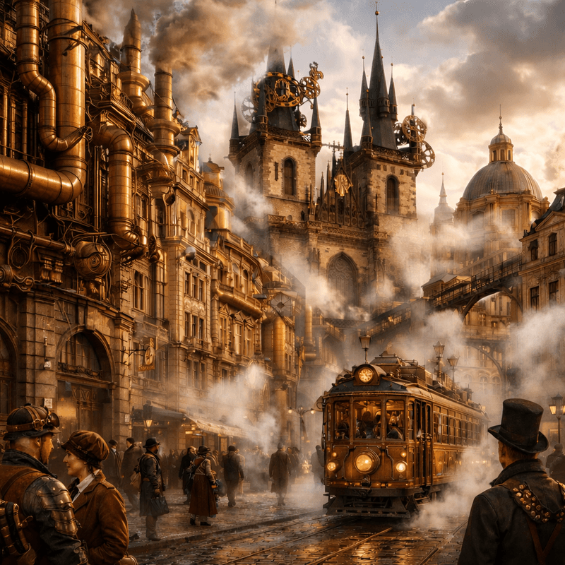Alternate reality 1920s Prague cityscape with massive steam-powered infrastructure, brass and copper pipes running across ornate baroque buildings, clockwork trams on cobblestone streets, Gothic spires fitted with industrial gear mechanisms