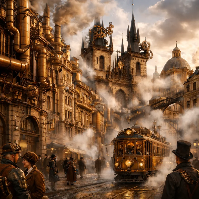 Alternate reality 1920s Prague cityscape with massive steam-powered infrastructure, brass and copper pipes running across ornate baroque buildings, clockwork trams on cobblestone streets, Gothic spires fitted with industrial gear mechanisms