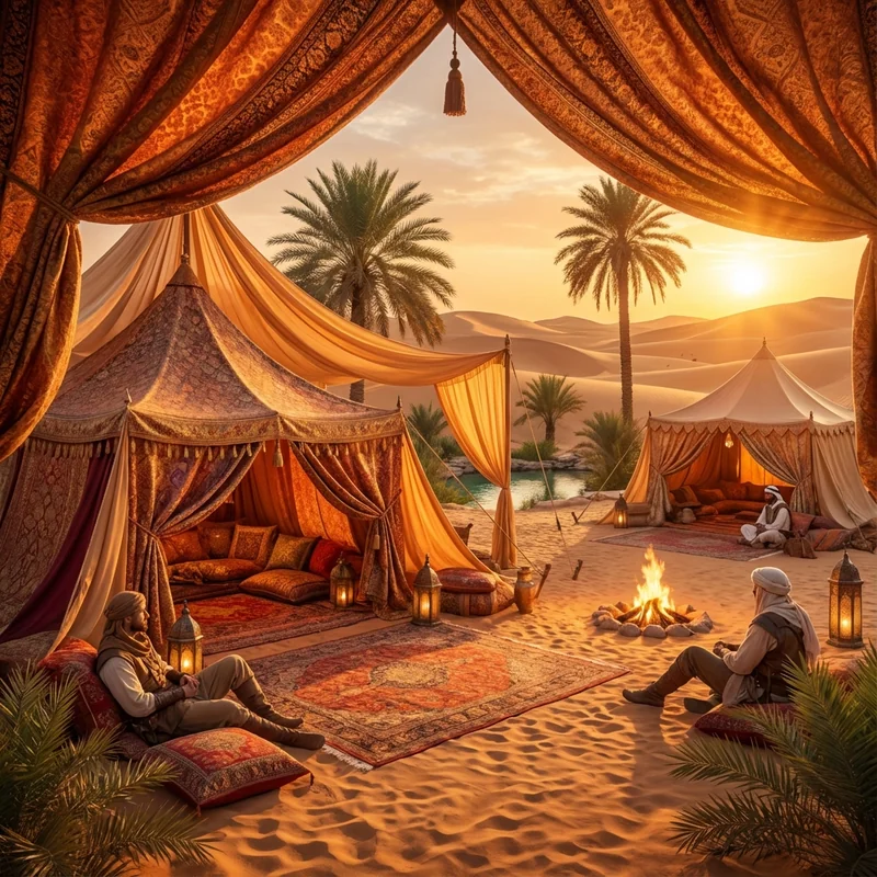 Luxury Bedouin camp at Sahara oasis during golden hour sunset, silk tents in deep crimson and gold arranged around ancient stone well, endless sand dunes stretching to horizon in waves of amber and rose, camel caravan silhouetted against setting sun