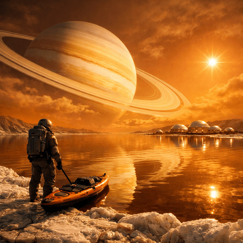 Alien shore of Kraken Mare methane lake on Saturn's moon Titan, massive ringed planet Saturn dominating thick orange atmosphere sky, crystal-clear liquid methane reflecting Saturn's bands of cream and gold, ice beach harder than granite in foreground