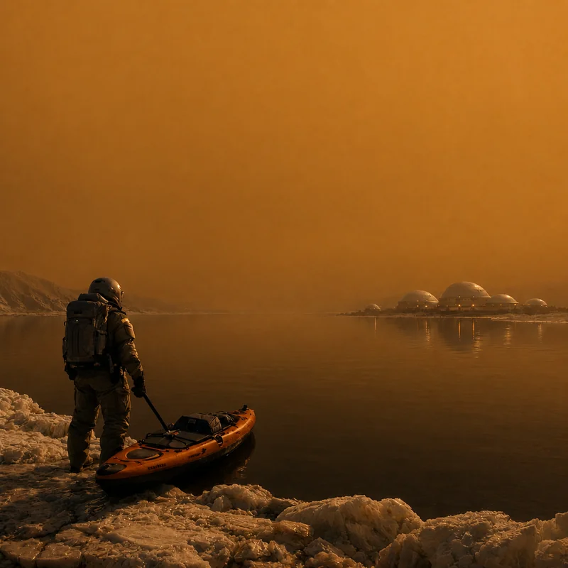 A suited explorer beside a specialized kayak on the icy shore of Kraken Mare, a dark methane lake under Titan's dense opaque amber haze, pressurized habitat domes glowing across the water, diffuse light with no visible Saturn or rings